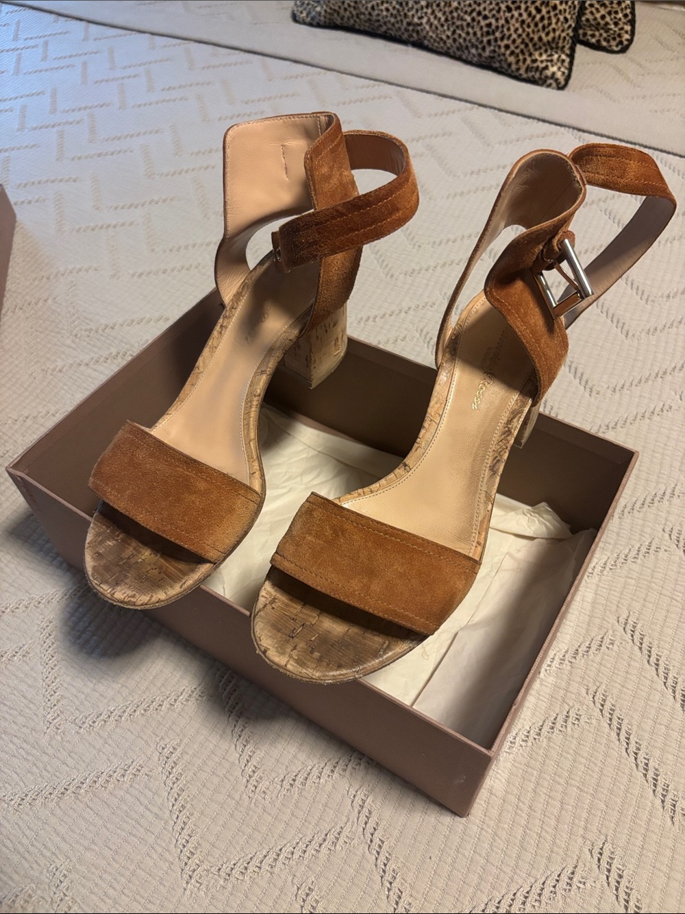 Gianvito Rossi Tan Suede Ankle-Strap Cork Block Heels